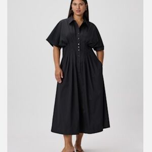 Quince Black Twill Pleated Midi Shirt Dress